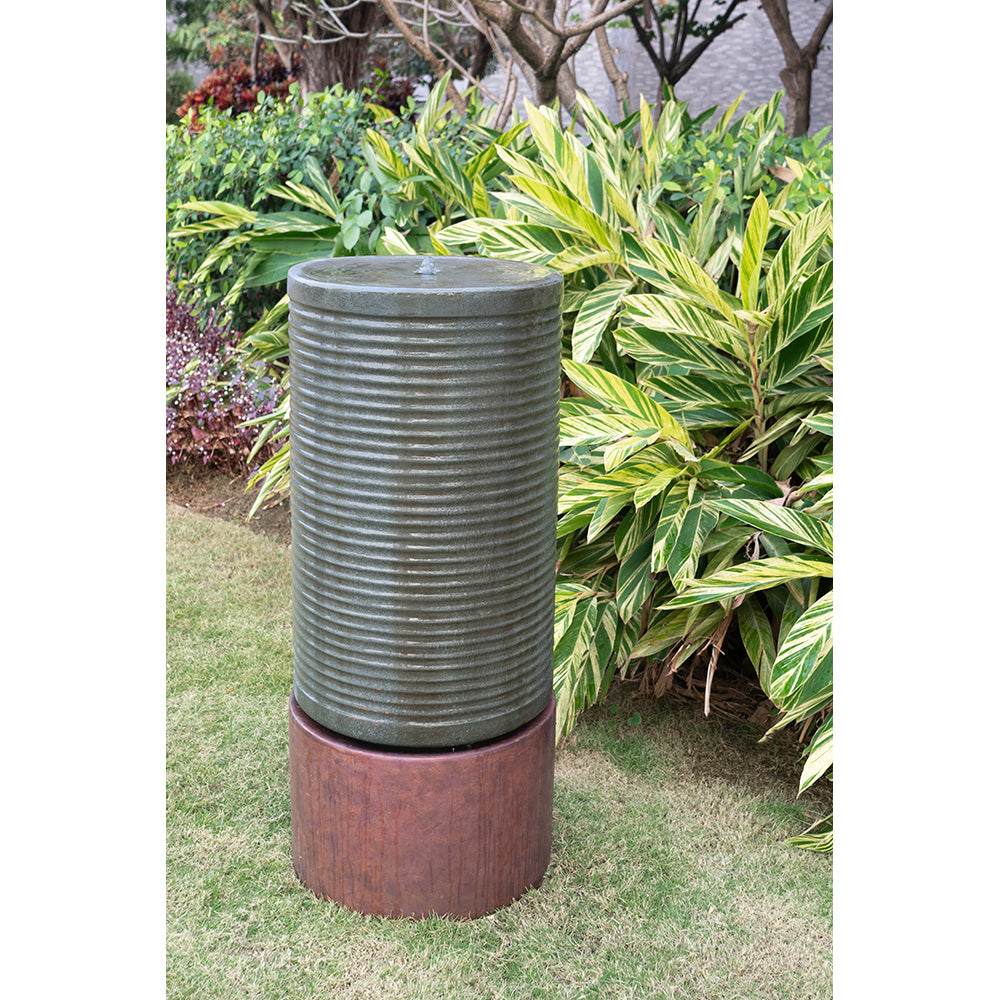 44" Tall Large Modern Cylinder Ribbed Tower Water Fountain With Rustic Base, Contemporary Antique Green Copper Finish Outdoor Bird Feeder / Bath Cement Fountain