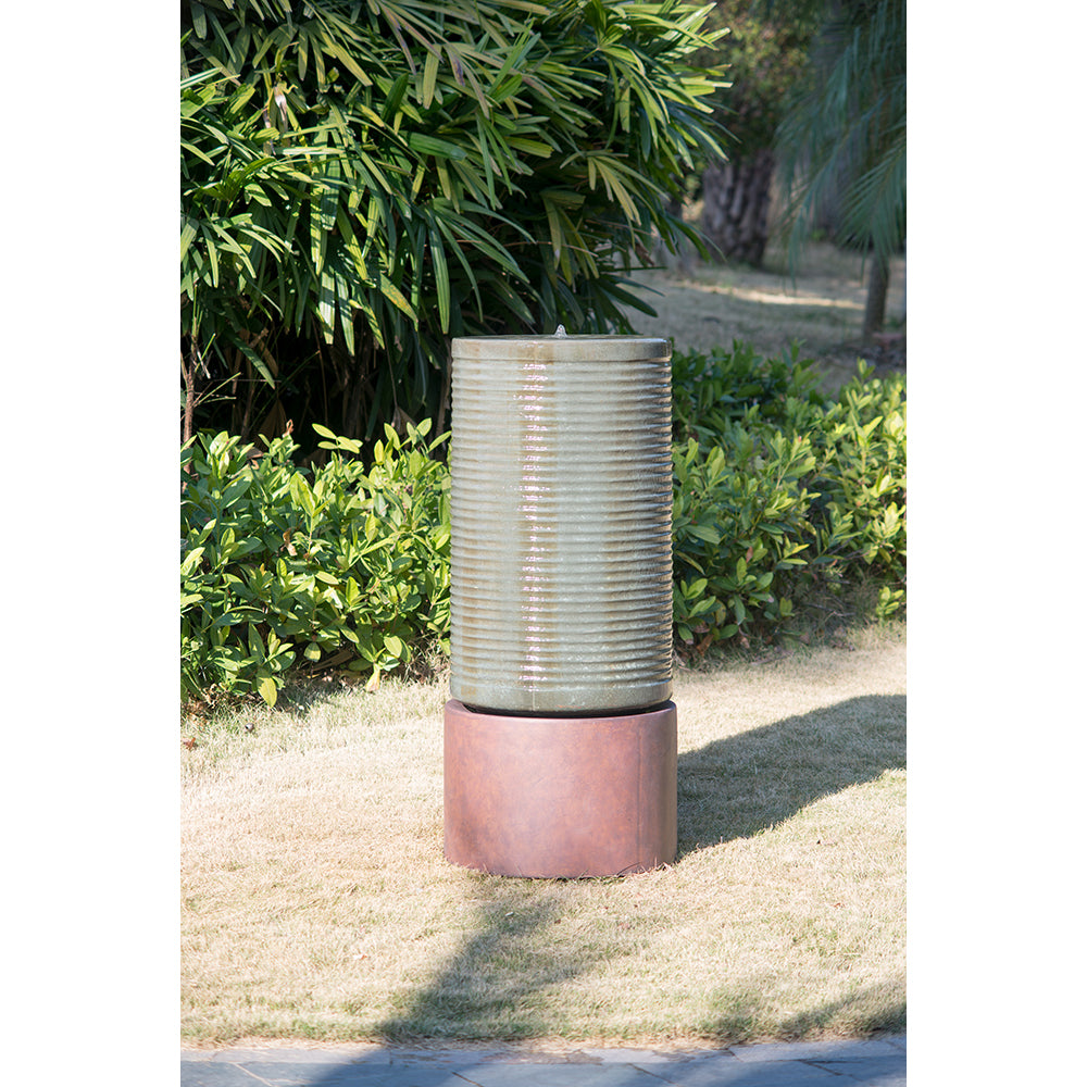 44" Tall Large Modern Cylinder Ribbed Tower Water Fountain With Rustic Base, Contemporary Antique Green Copper Finish Outdoor Bird Feeder / Bath Cement Fountain