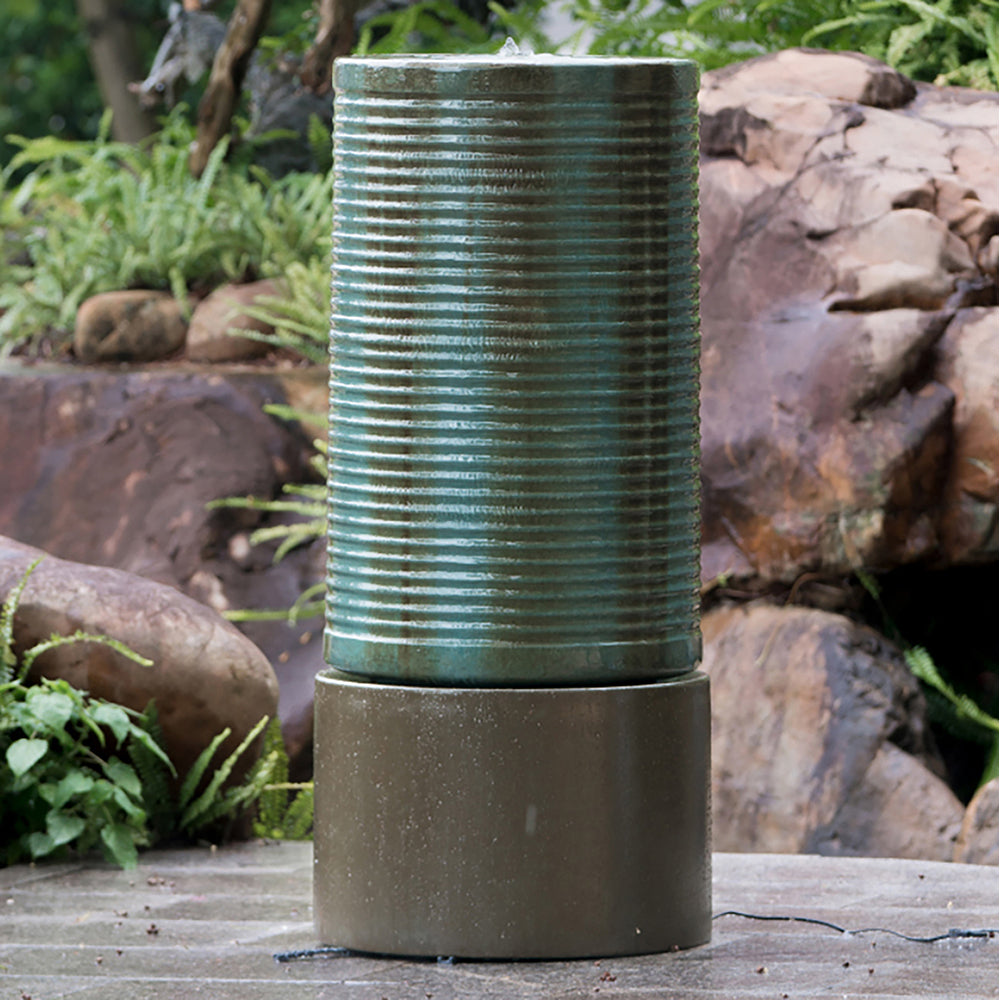 44" Tall Large Modern Cylinder Ribbed Tower Water Fountain, Contemporary Antique Finish Outdoor Bird Bath Concrete Fountain