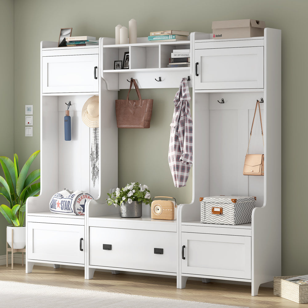 ON-TREND Minimalist Slim Hall Tree with Cabinet & 6 Hanging Hooks, Multi-functional Storage Bench with Coat Rack, Elegant Foyer Cabinet for Hallway, Living room, Black (OLD SKU: WF313577AAB)