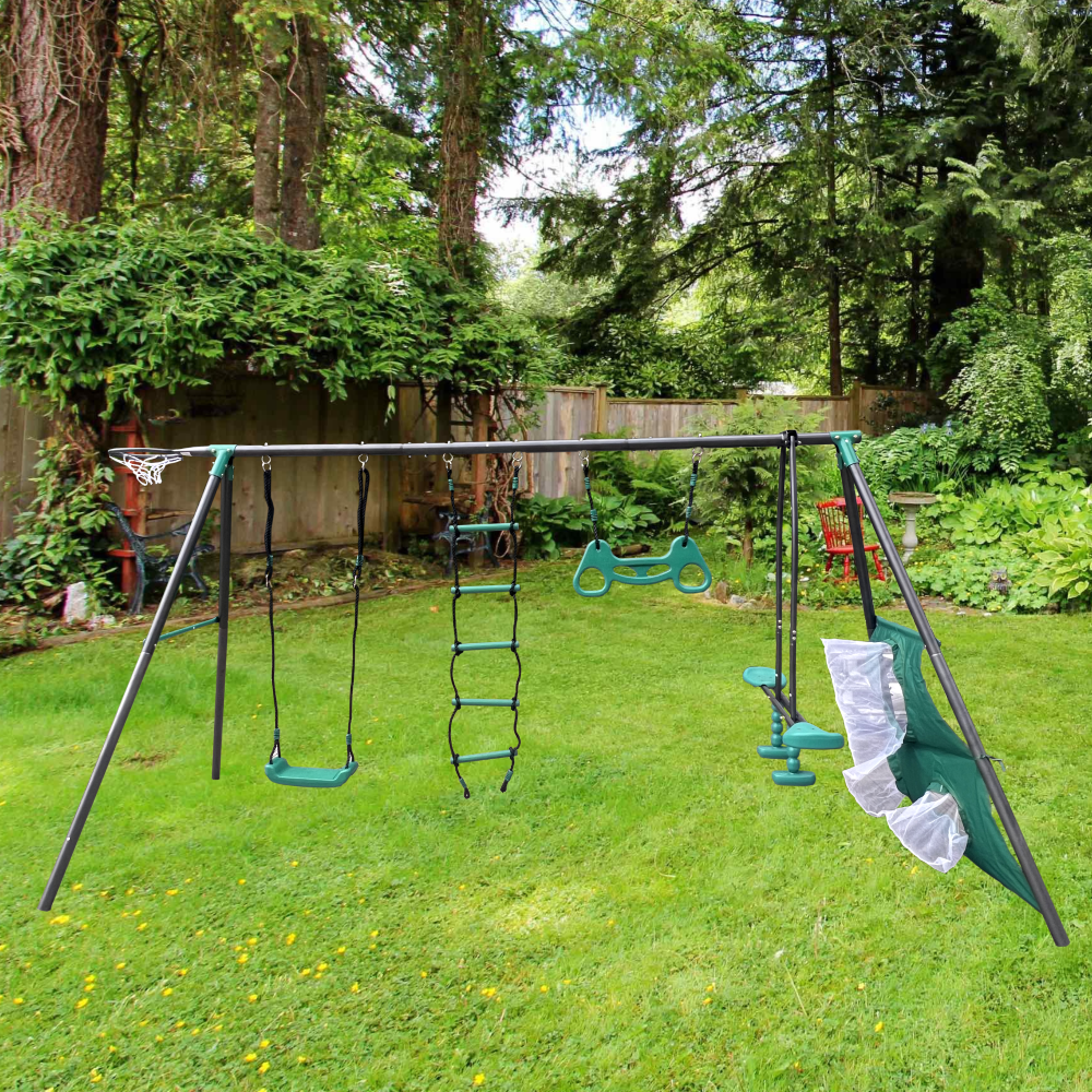 XNS076 blackish green interesting four function swingset with face to face metal plastic safe swing seat 550lbs for outdoor playground for age 3+