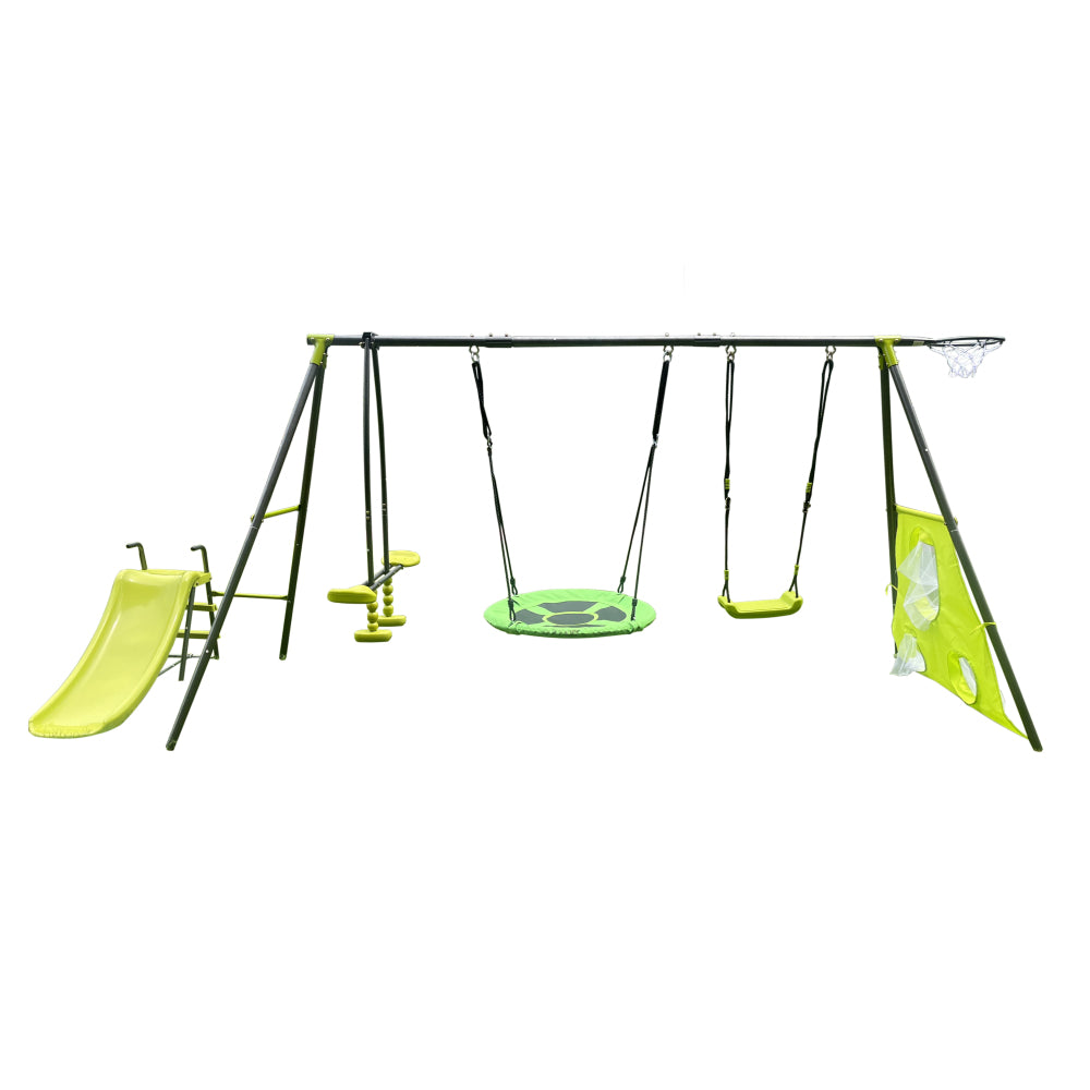 XNS052 green and blue interesting six function swingset with net swing metal plastic safe swing set 440lbs for outdoor playground for age 3+ with 31.5in net swing
