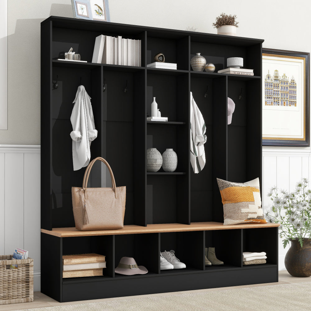 ON-TREND 47.2'' Wide Hall Tree with Bench and Shoe Storage, Multi-functional Storage Bench with 3 Hanging Hooks & Open Storage Space, Rectangle Storage & Shelves Coat Rack for Hallway, Black