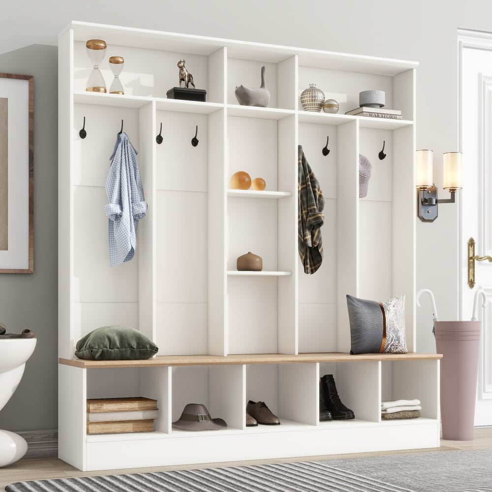 ON-TREND 47.2'' Wide Hall Tree with Bench and Shoe Storage, Multi-functional Storage Bench with 3 Hanging Hooks & Open Storage Space, Rectangle Storage & Shelves Coat Rack for Hallway, Black