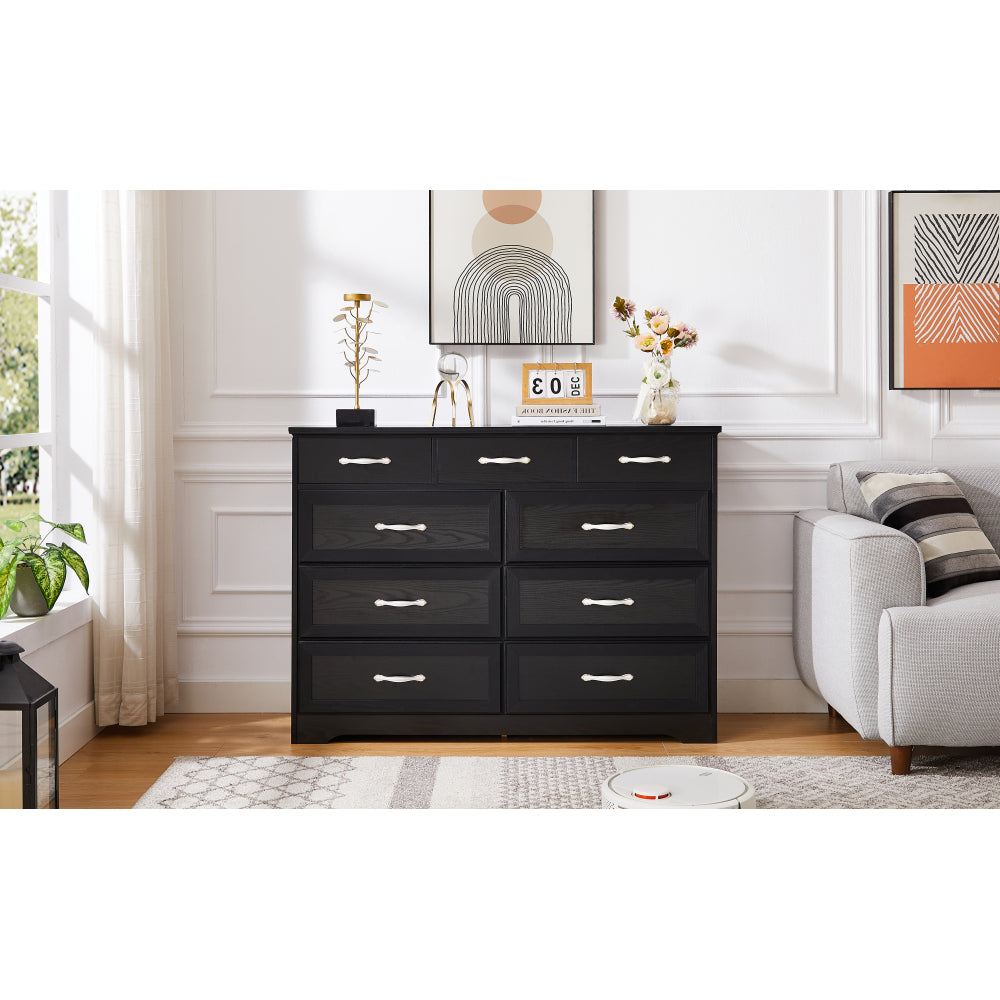Bedroom dresser, 9 drawer long dresser with antique handles, wood chest of drawers for kids room, living room, entry and hallway, Black, 47.56''W x 15.75''D x 34.45''H.