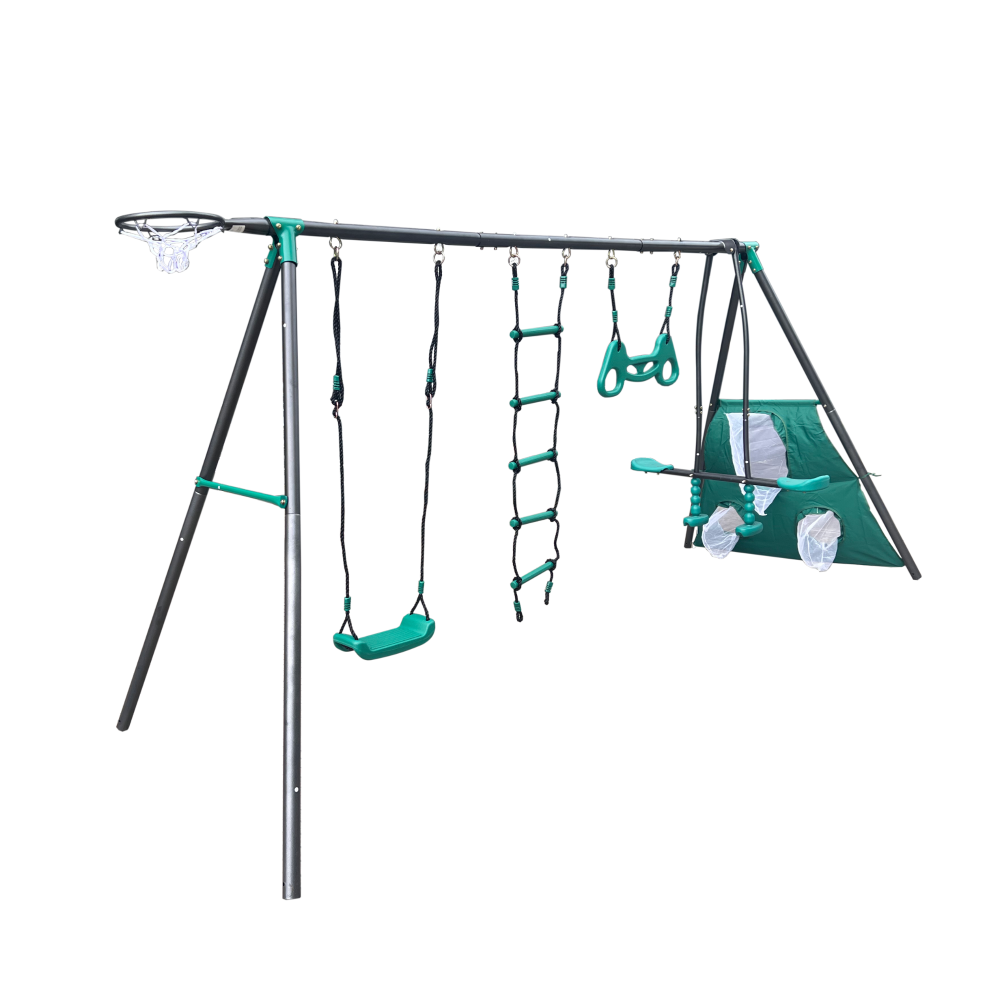 XNS076 blackish green interesting four function swingset with face to face metal plastic safe swing seat 550lbs for outdoor playground for age 3+