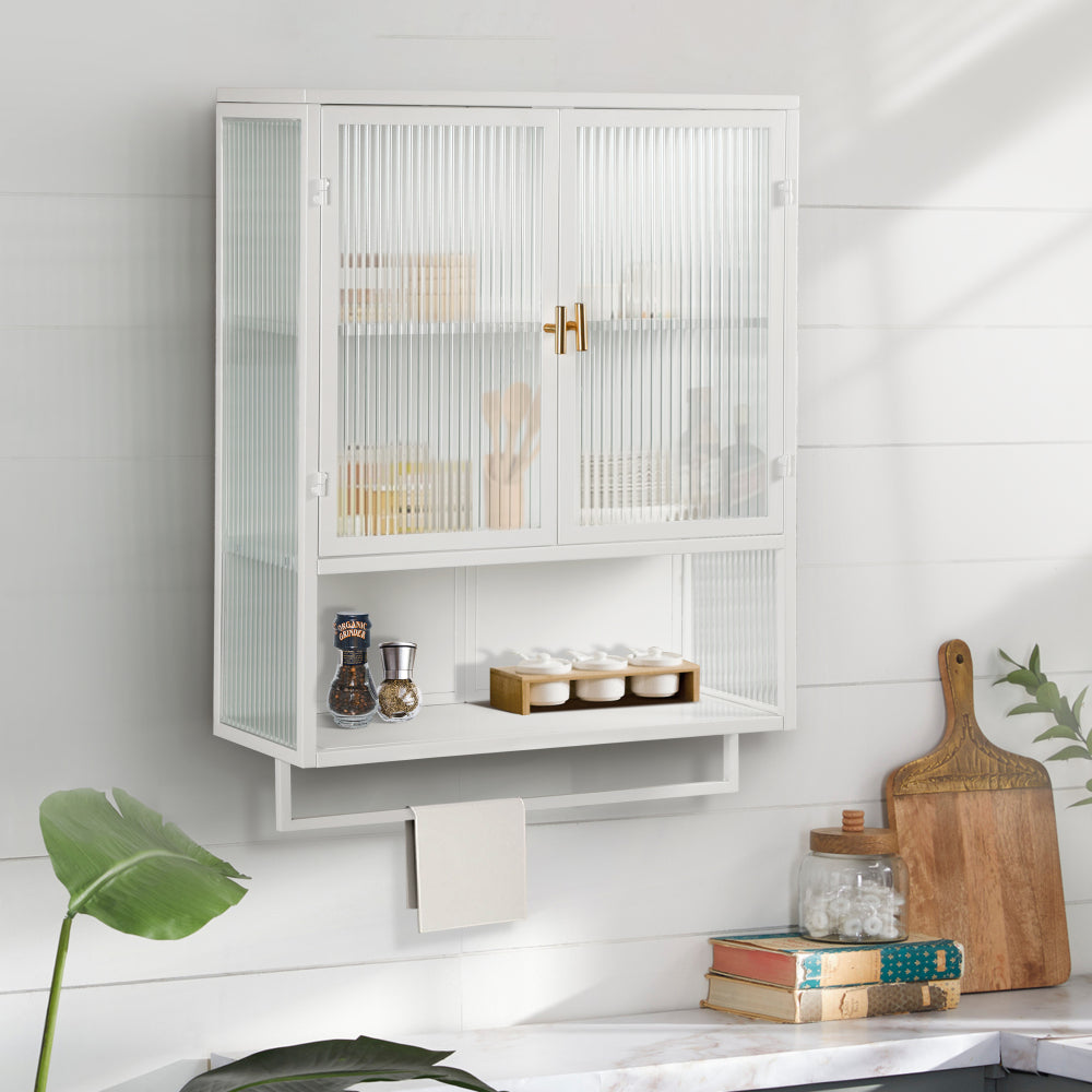 27.56"Glass Doors Modern Two-door Wall Cabinet with Featuring Three-tier Storage for Entryway Living Room Bathroom Dining Room,White