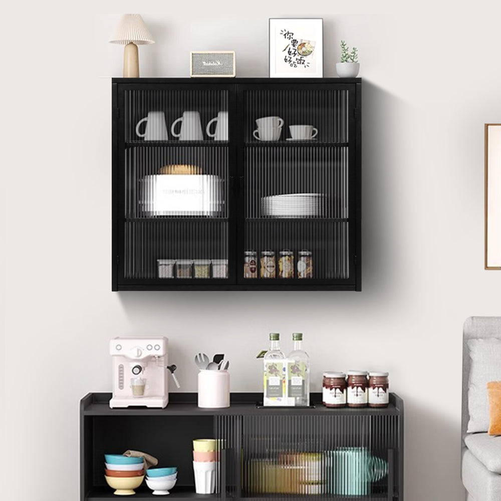 27.56"Glass Doors Modern Two-door Wall Cabinet with Featuring Three-tier Storage for Entryway Living Room Bathroom Dining Room,White