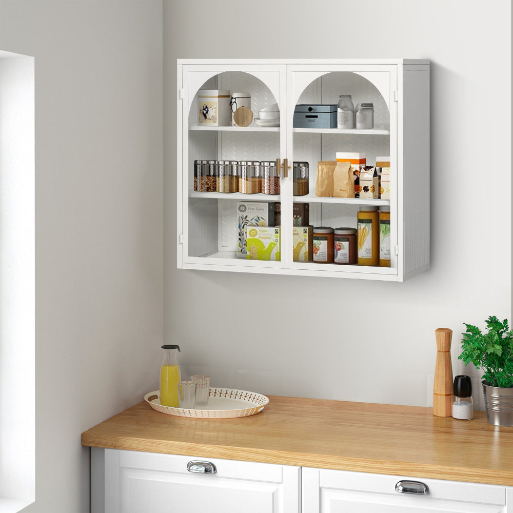 27.56"Glass Doors Modern Two-door Wall Cabinet with Featuring Three-tier Storage for Entryway Living Room Bathroom Dining Room,White