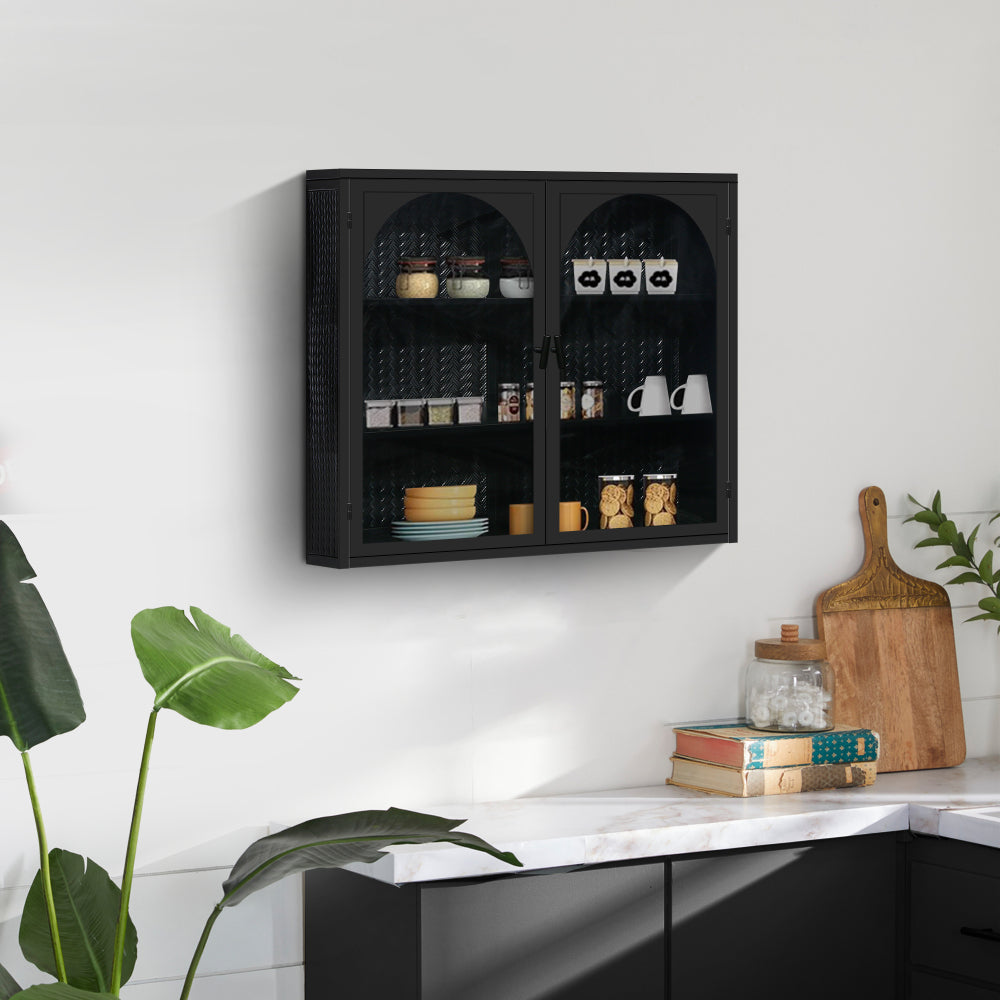 27.56"Glass Doors Modern Two-door Wall Cabinet with Featuring Three-tier Storage for Entryway Living Room Bathroom Dining Room,White