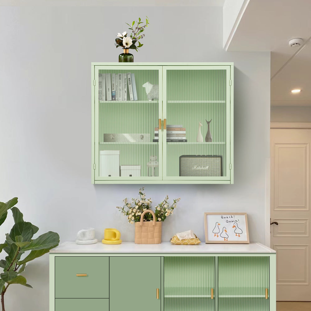 27.56"Glass Doors Modern Two-door Wall Cabinet with Featuring Three-tier Storage for Entryway Living Room Bathroom Dining Room,White