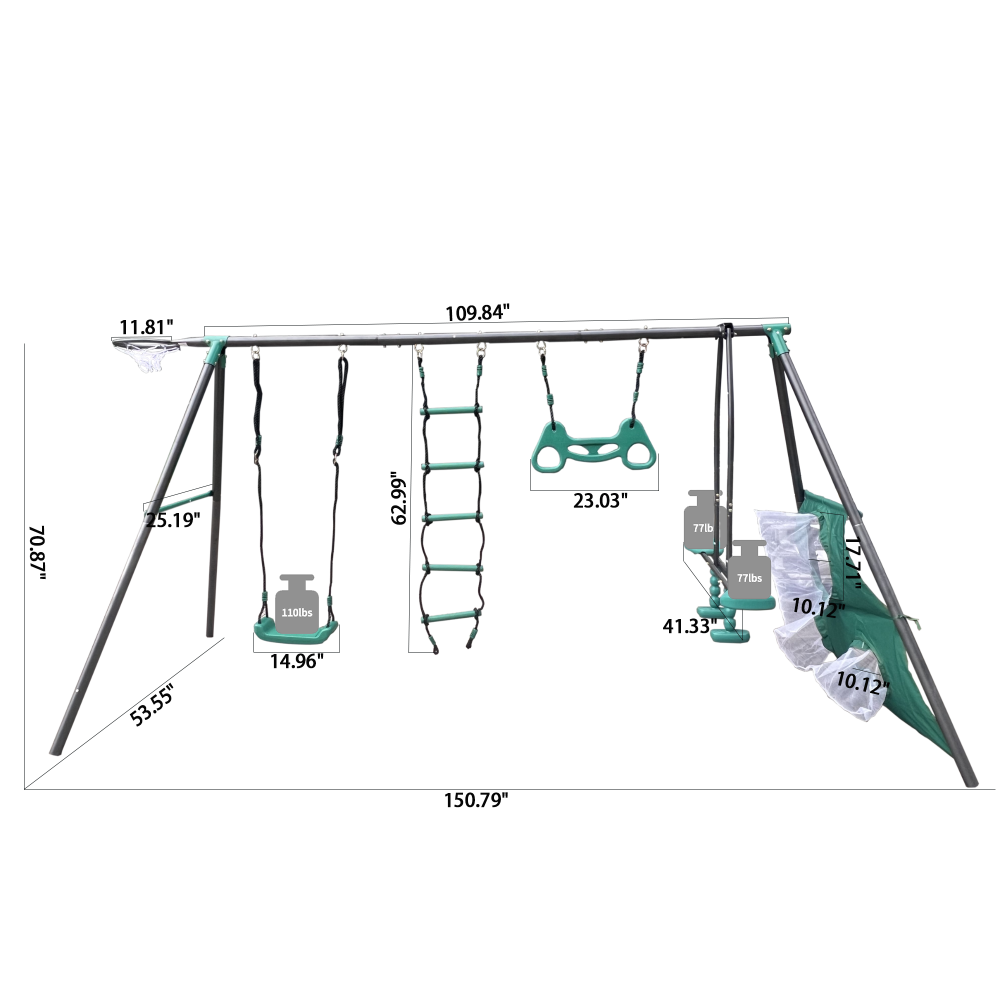 XNS076 blackish green interesting four function swingset with face to face metal plastic safe swing seat 550lbs for outdoor playground for age 3+