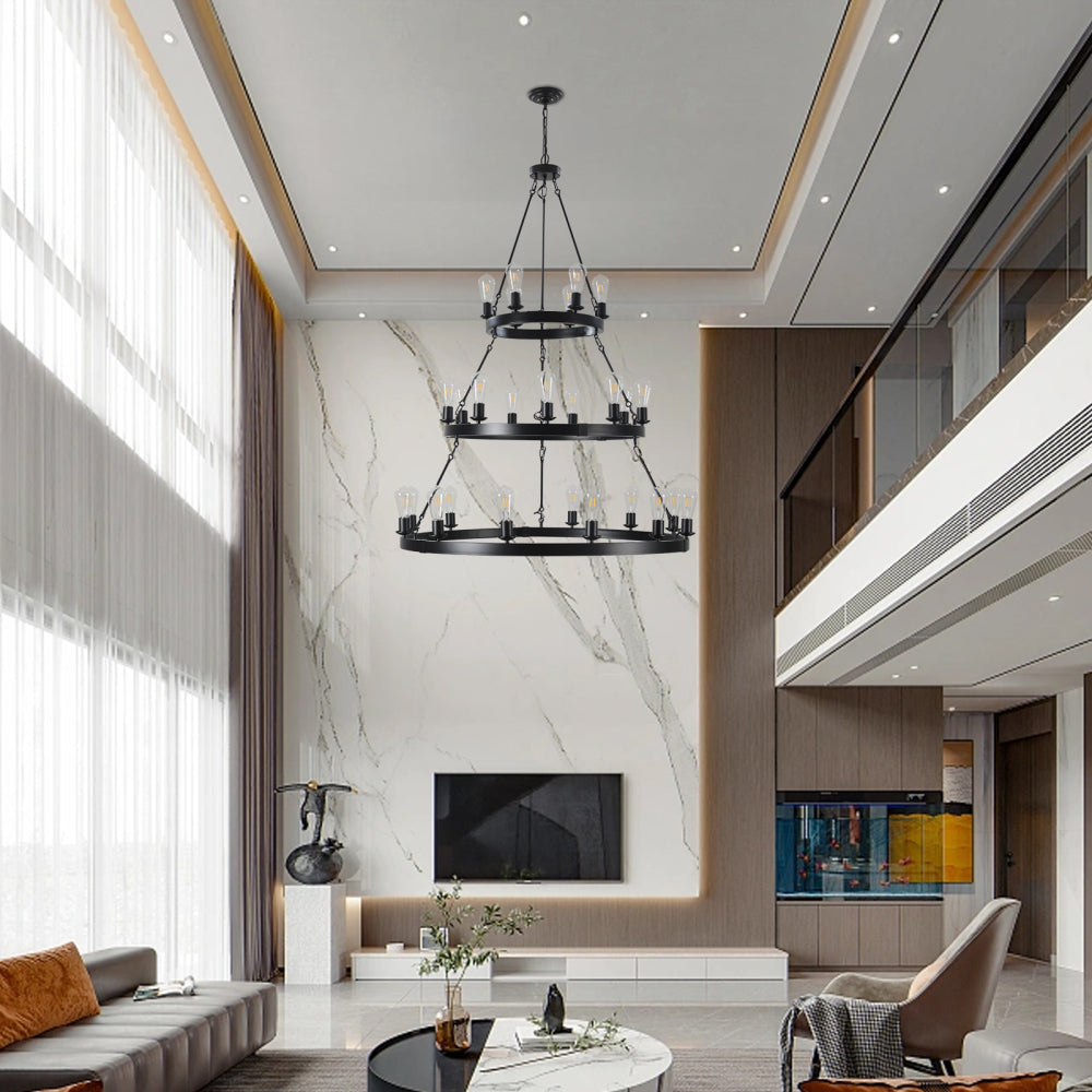 (Same as:W1340119961/W1340P206660/L001005-D1140-P27B)45" Retro Industrial Style 3-Layer Pendant Light, 27-Lights Black Farmhouse Pendant, Suitable for Dining Rooms, Living Rooms (Bulb Not Included)
