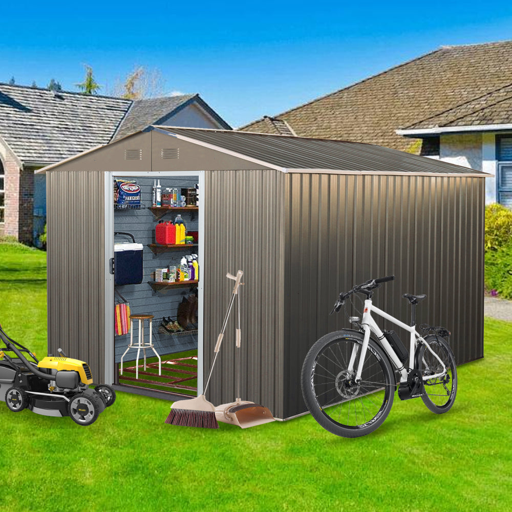 8ft x 10ft Outdoor Metal Storage Shed with Metal Foundation,Coffee