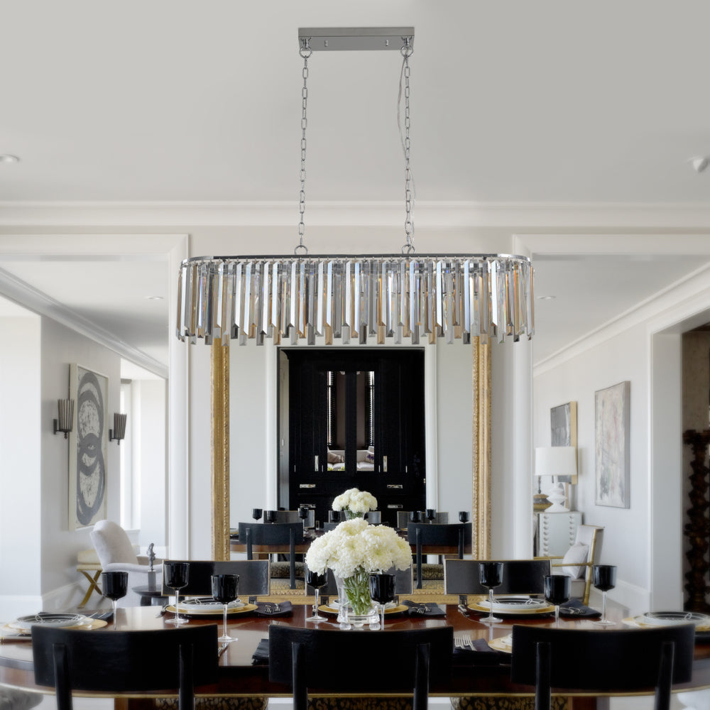 (NEW SKU:W1340P189407) 39" Modern Crystal Rectangle Pendant Chandelier with Chrome Finish – Elegant Light Fixture for Living Room, Dining Room, or Kitchen (Bulb Not Included)