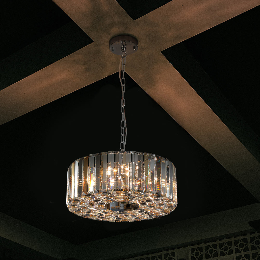 (Same as W1340120171/L5017) 17" Chrome Crystal Pendant Chandelier, Modern Hanging Light Fixture with Adjustable Height, 4-Light E26 Base for Living Room, Dining Room, or Kitchen (No Bulbs)