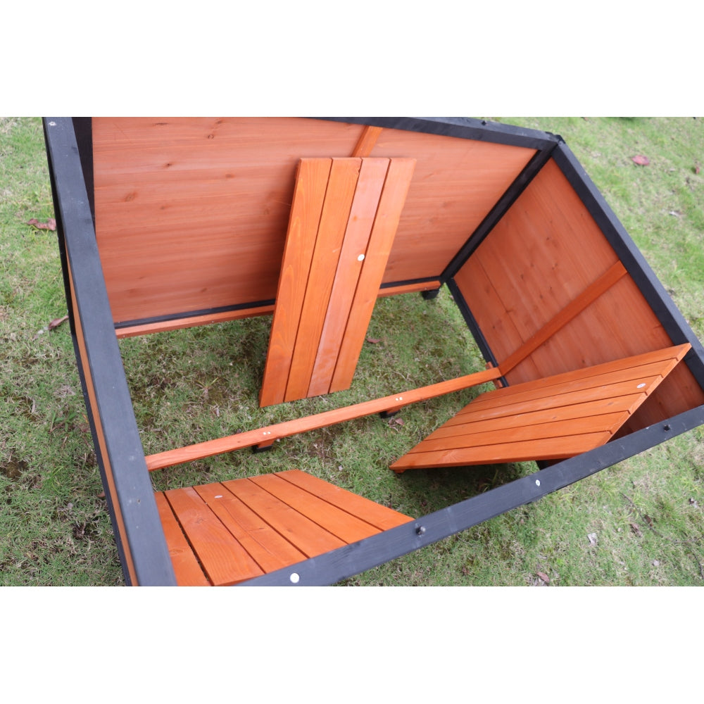 46"Dog House Outdoor & Indoor Wooden Dog Kennel for Winter with Raised Feet Weatherproof for Large Dogs(Gold red and black)PVC waterproof roof(L)
