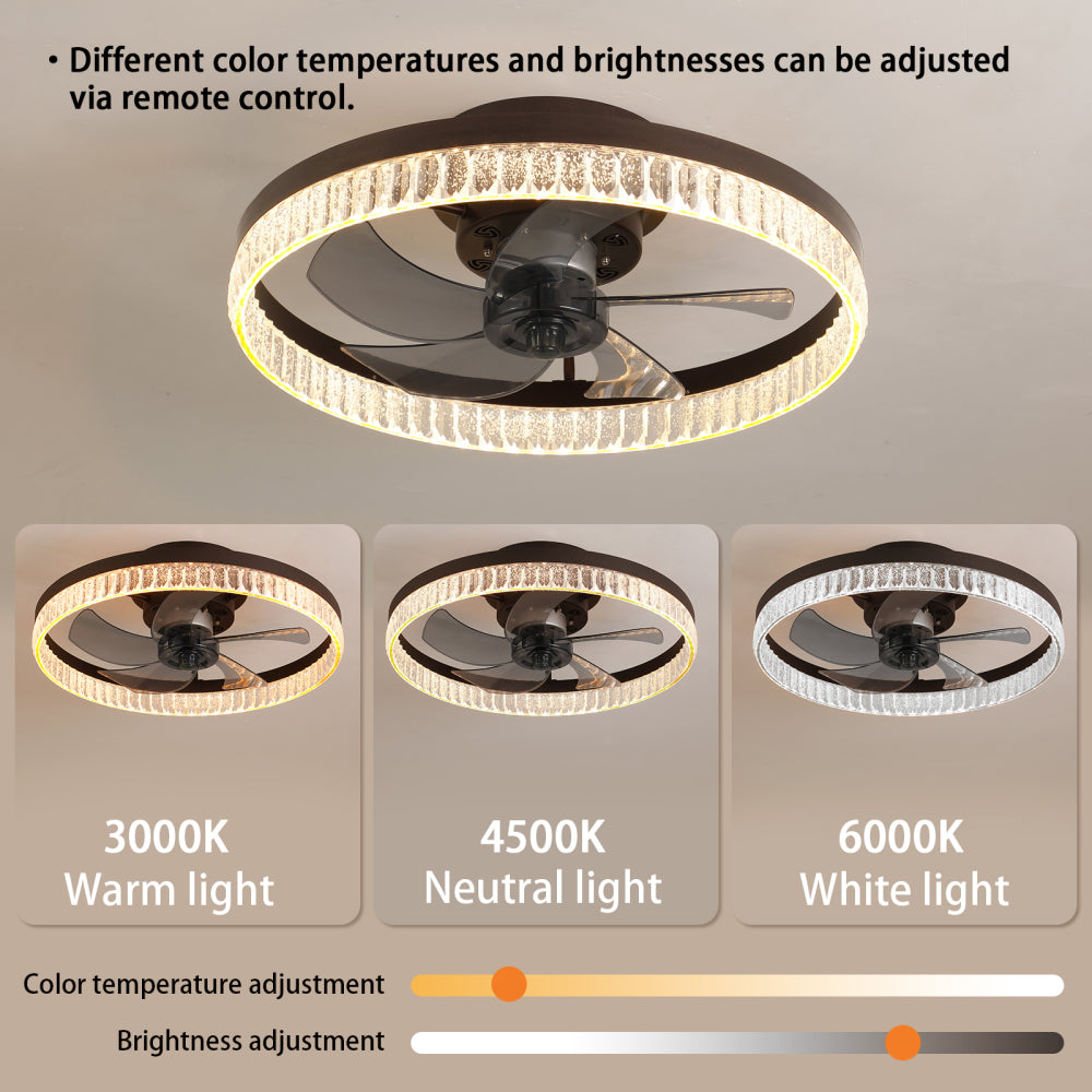 20" Brown Ceiling Fan with LED Light – Modern Flush Mount Fan Light for Bedroom, Living Room, and Home Décor with Crystal Ring Design