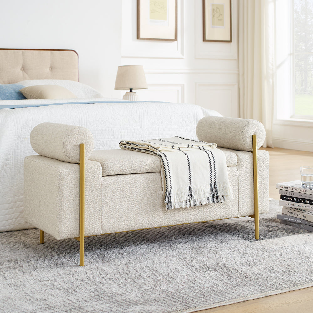 Elegant Upholstered Linen Storage Bench with Cylindrical Arms and Iron Legs for Hallway Living Room Bedroom, White