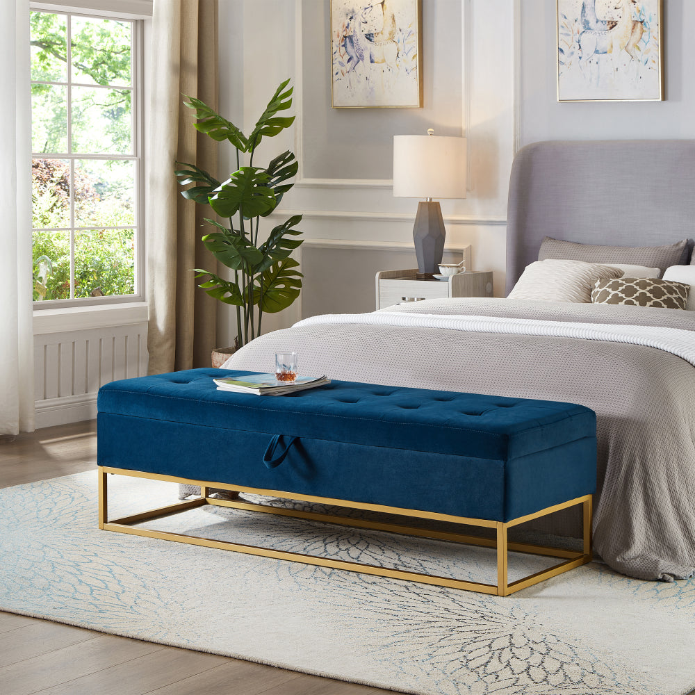 58.6" Bed Bench Metal Base with Storage Black Velvet
