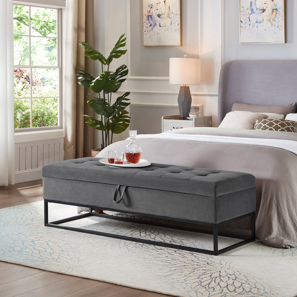 58.6" Bed Bench Metal Base with Storage Black Velvet