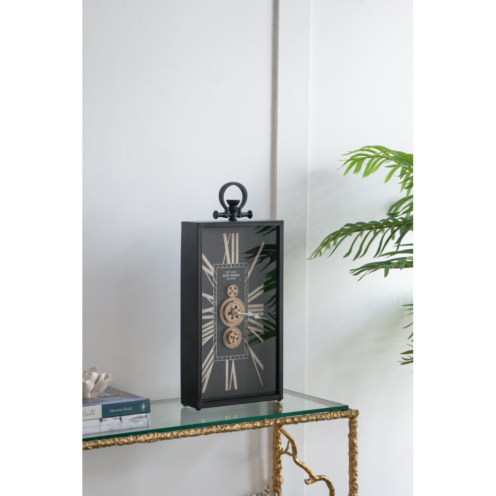Decorative Black and Gold Roman Numeral Table Clock, Home Decor Gear Clock, 21" x 10"