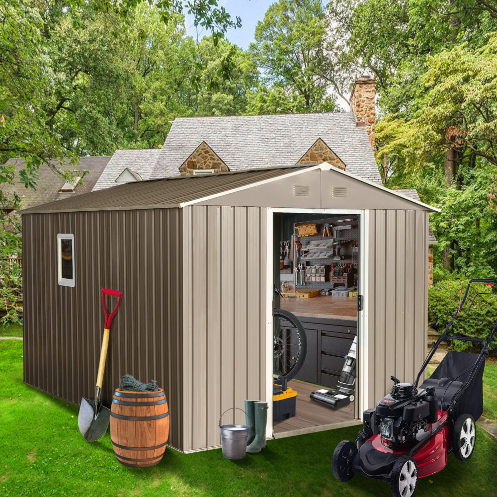 8ft x 10ft Outdoor Metal Storage Shed with Metal Foundation,Coffee