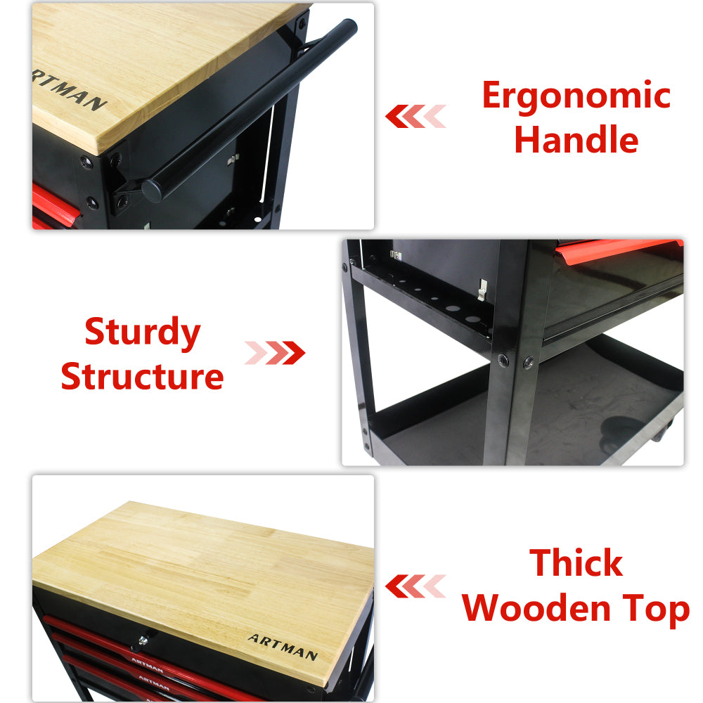 3 DRAWERS MULTIFUNCTIONAL TOOL CART WITH WHEELS AND WOODEN TOP--BLACK&RED