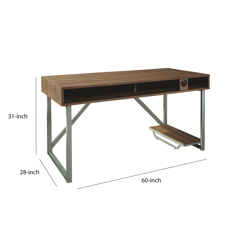 60 Inch Wood Gaming Desk, LED Back Light, 2 USB Ports, Brown, Gray
