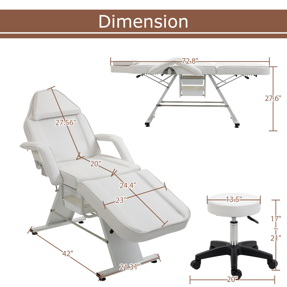 Massage Salon Tattoo Chair with Two Trays Esthetician Bed with Hydraulic Stool,Multi-Purpose 3-Section Facial Bed Table, Adjustable Beauty Barber Spa Beauty Equipment, White