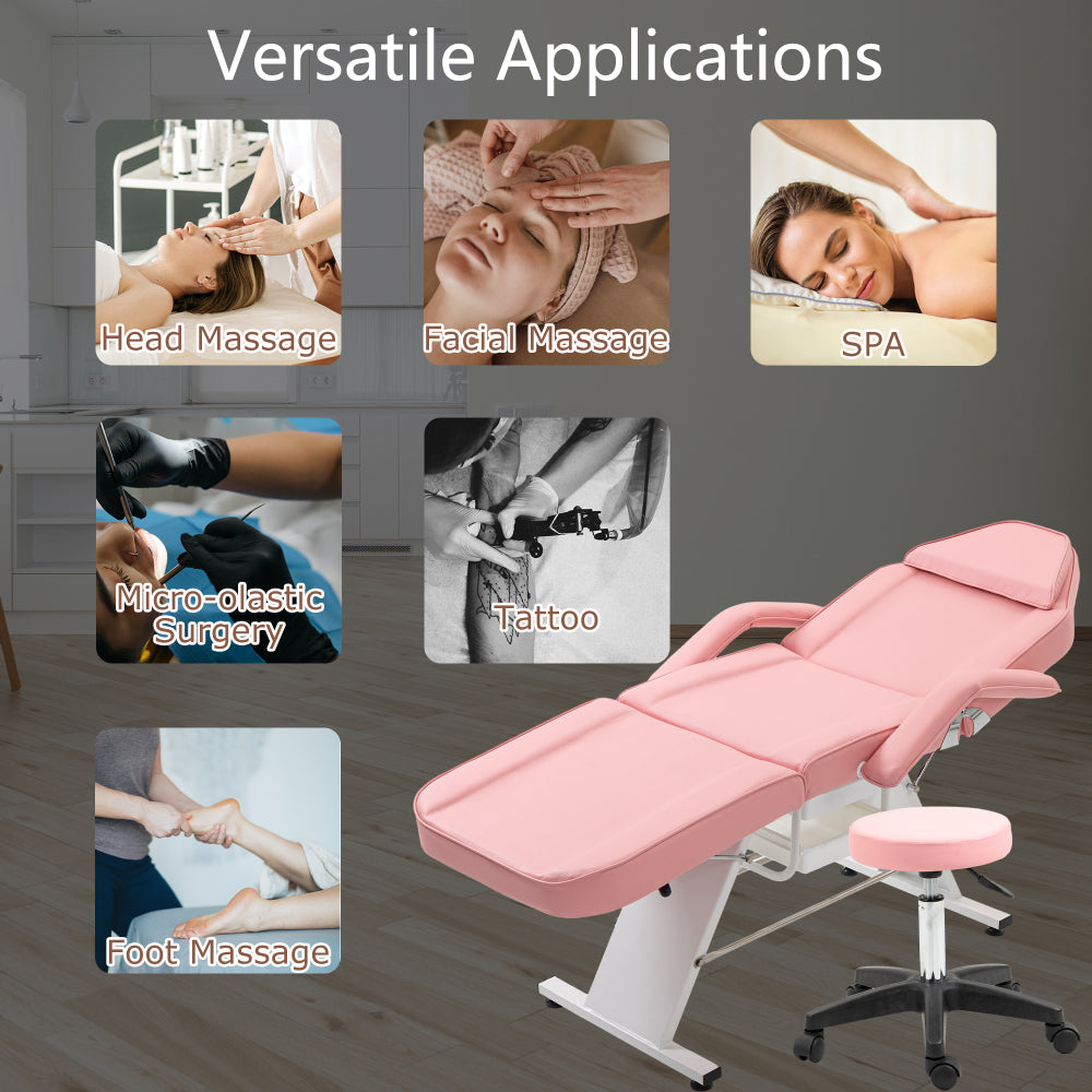 Massage Salon Tattoo Chair with Two Trays Esthetician Bed with Hydraulic Stool,Multi-Purpose 3-Section Facial Bed Table, Adjustable Beauty Barber Spa Beauty Equipment, Pink