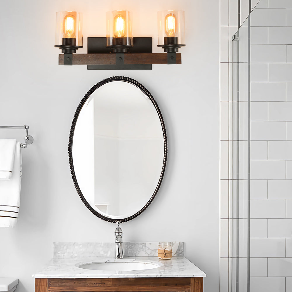 (Same as W1340119955/L1015) 19" Rustic 3-Light Vanity Light, Industrial Bathroom Wall Sconce with Glass Shades and Wood Accent, Modern Farmhouse Lighting Fixture (No Bulbs)