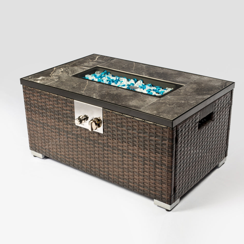 32" Propane Gas Fire Pit Table, 50000 BTU Rectangular Fire Pit, Tile Tabletop with Beautiful Wicker Base for Outside Patio Deck Garden Courtyard-Brown