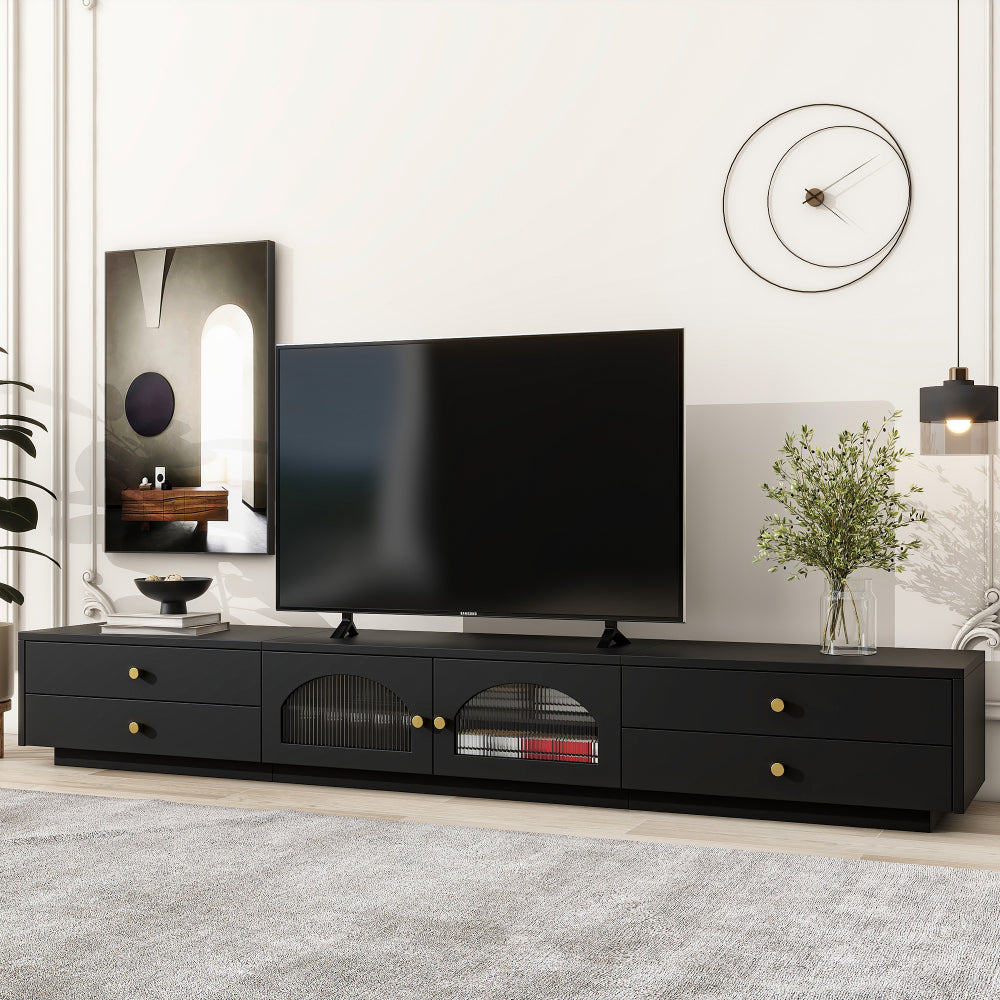 ON-TREND TV Stand with Fluted tempered Glass Doors for TVs Up to 95'', Functional Media Console with Arched Cabinet Doors, Entertainment Center with APP-Controlled LED Light for Living Room, Black