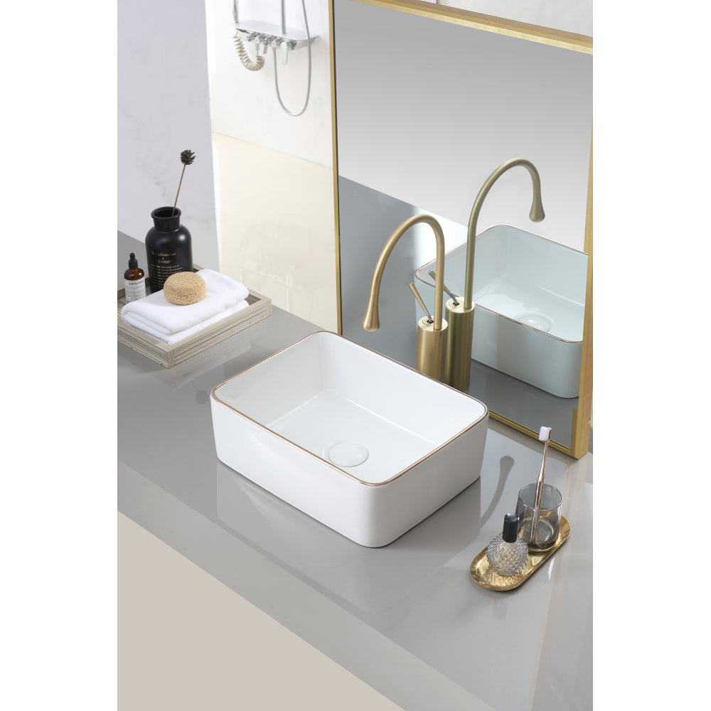 White with gold trim Vessel Bathroom Sink Basin in White Ceramic Single Basin Ceramic Farmhouse Kitchen Sink with Basket Strainer