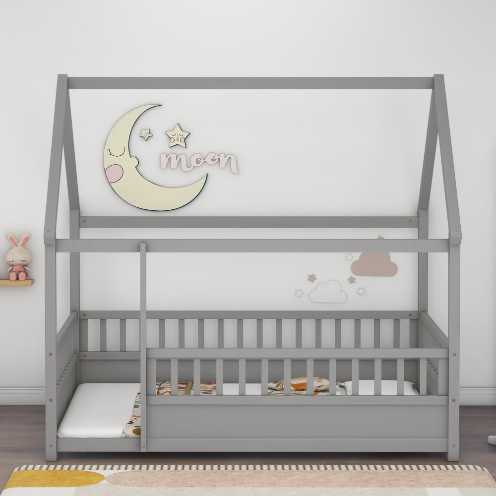 Twin Size Floor Wooden Bed with House Roof Frame, Fence Guardrails,White