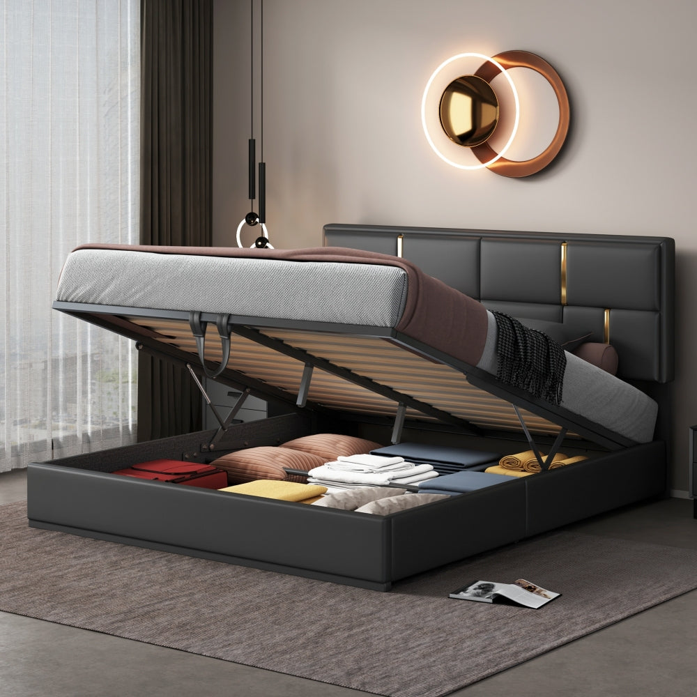 2-Pieces Bedroom Sets,Queen Size Upholstered Platform Bed with Hydraulic Storage System,Storage Ottoman with Metal Legs,Beige
