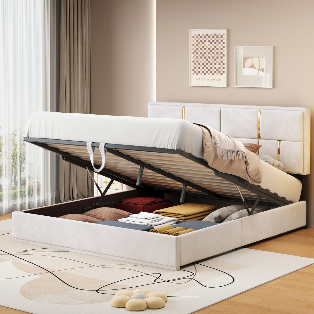 2-Pieces Bedroom Sets,Queen Size Upholstered Platform Bed with Hydraulic Storage System,Storage Ottoman with Metal Legs,Beige