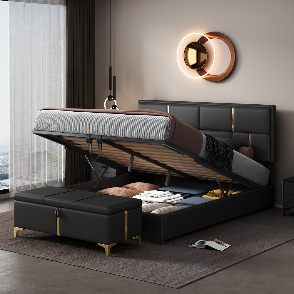 2-Pieces Bedroom Sets,Queen Size Upholstered Platform Bed with Hydraulic Storage System,Storage Ottoman with Metal Legs,Beige