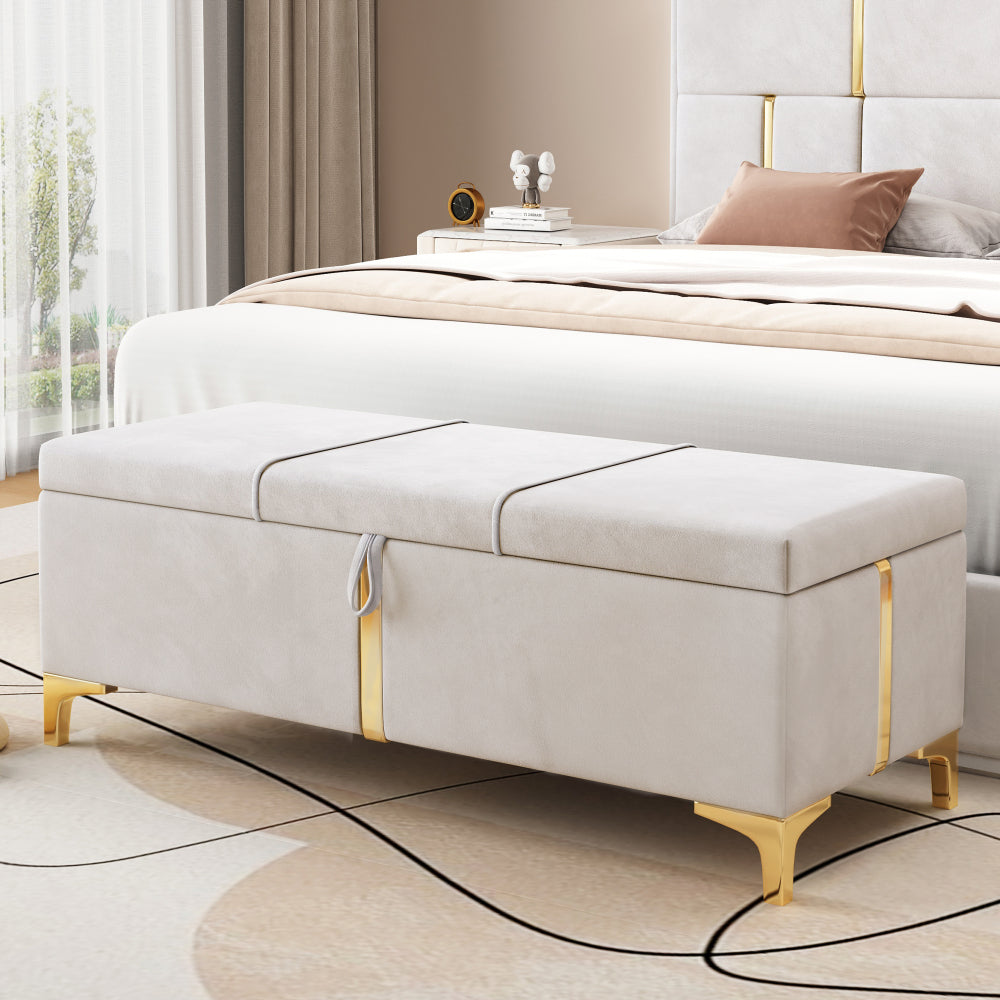 2-Pieces Bedroom Sets,Queen Size Upholstered Platform Bed with Hydraulic Storage System,Storage Ottoman with Metal Legs,Beige
