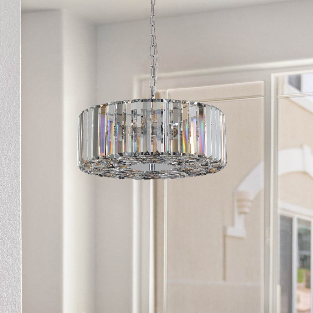 (Same as W1340120171/L5017) 17" Chrome Crystal Pendant Chandelier, Modern Hanging Light Fixture with Adjustable Height, 4-Light E26 Base for Living Room, Dining Room, or Kitchen (No Bulbs)