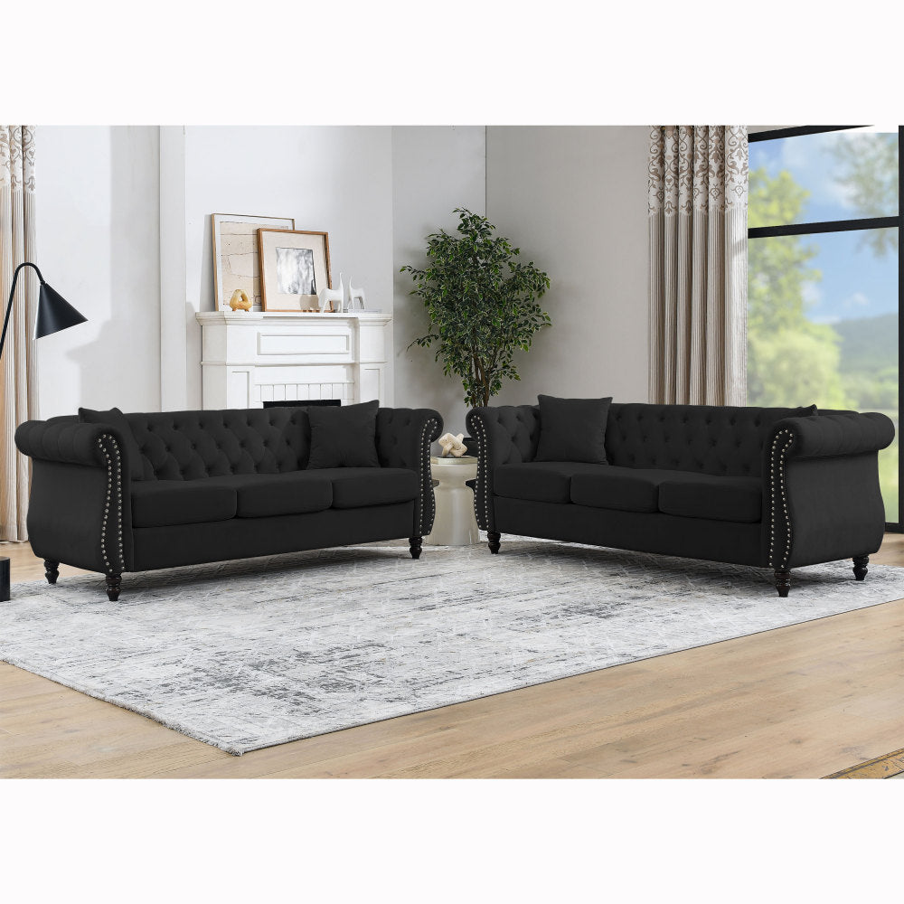 58.8" Chesterfield Sofa Grey Velvet for Living Room, 2 Seater Sofa Tufted Couch with Rolled Arms and Nailhead for Living Room, Bedroom, Office, Apartment, two pillowsW834S00069