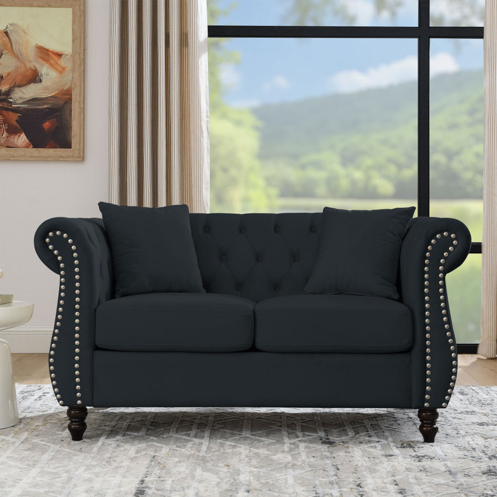 58.8" Chesterfield Sofa Grey Velvet for Living Room, 2 Seater Sofa Tufted Couch with Rolled Arms and Nailhead for Living Room, Bedroom, Office, Apartment, two pillowsW834S00069