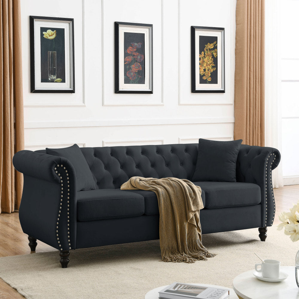58.8" Chesterfield Sofa Grey Velvet for Living Room, 2 Seater Sofa Tufted Couch with Rolled Arms and Nailhead for Living Room, Bedroom, Office, Apartment, two pillowsW834S00069