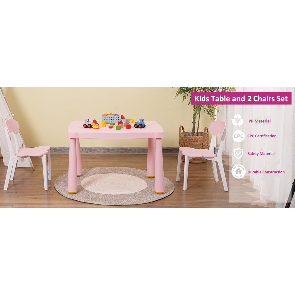 Kids Table and Chair Set, 3 Piece Toddler Table and Chair Set, Plastic Children Activity Tablefor Reading,Preschool,Drawing,Toddler,Playroom(White/Pink)