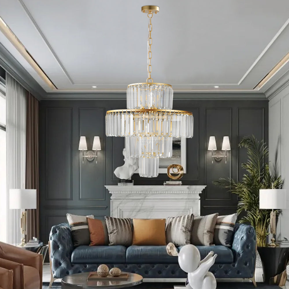 (Same as W1340126461/L5023) 20" Luxury 4-Tier Crystal Chandelier, 12-Light Gold Frame Pendant Light, Elegant Ceiling Lighting for Living Room, Dining Room, Bedroom (No Bulbs)