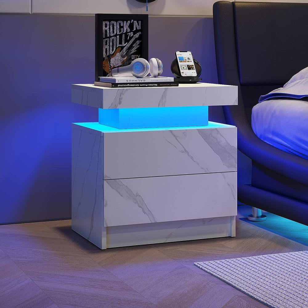Nightstand LED Bedside Table Cabinet Lights Modern End Side with 2 Drawers for Bedroom (White)