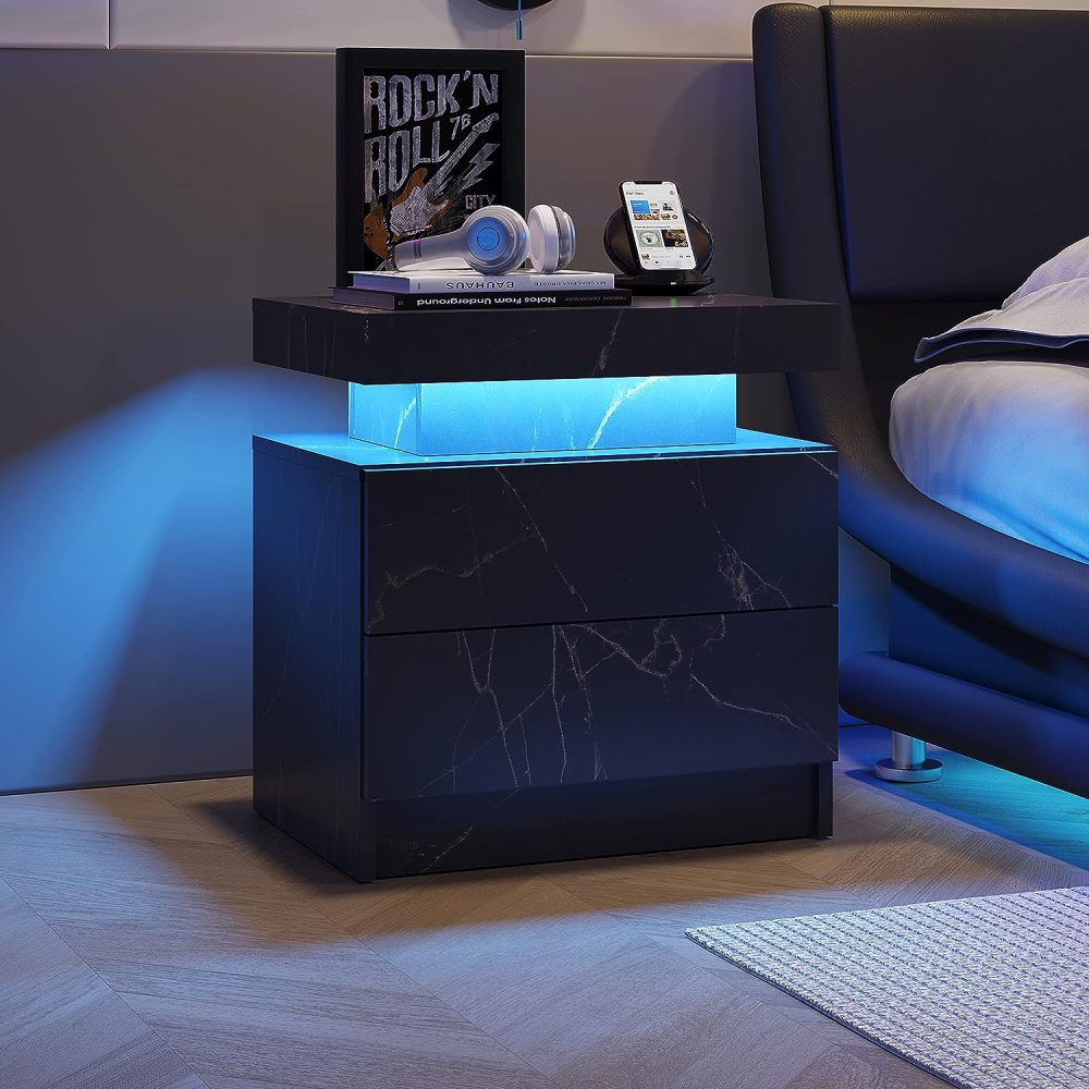 Nightstand LED Bedside Table Cabinet Lights Modern End Side with 2 Drawers for Bedroom (White)