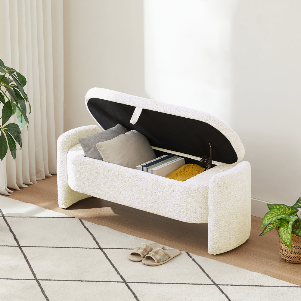 Ottoman Oval Storage Bench 3D Lamb Fleece Fabric Bench with Large Storage Space for the Living Room, Entryway and Bedroom,cream white