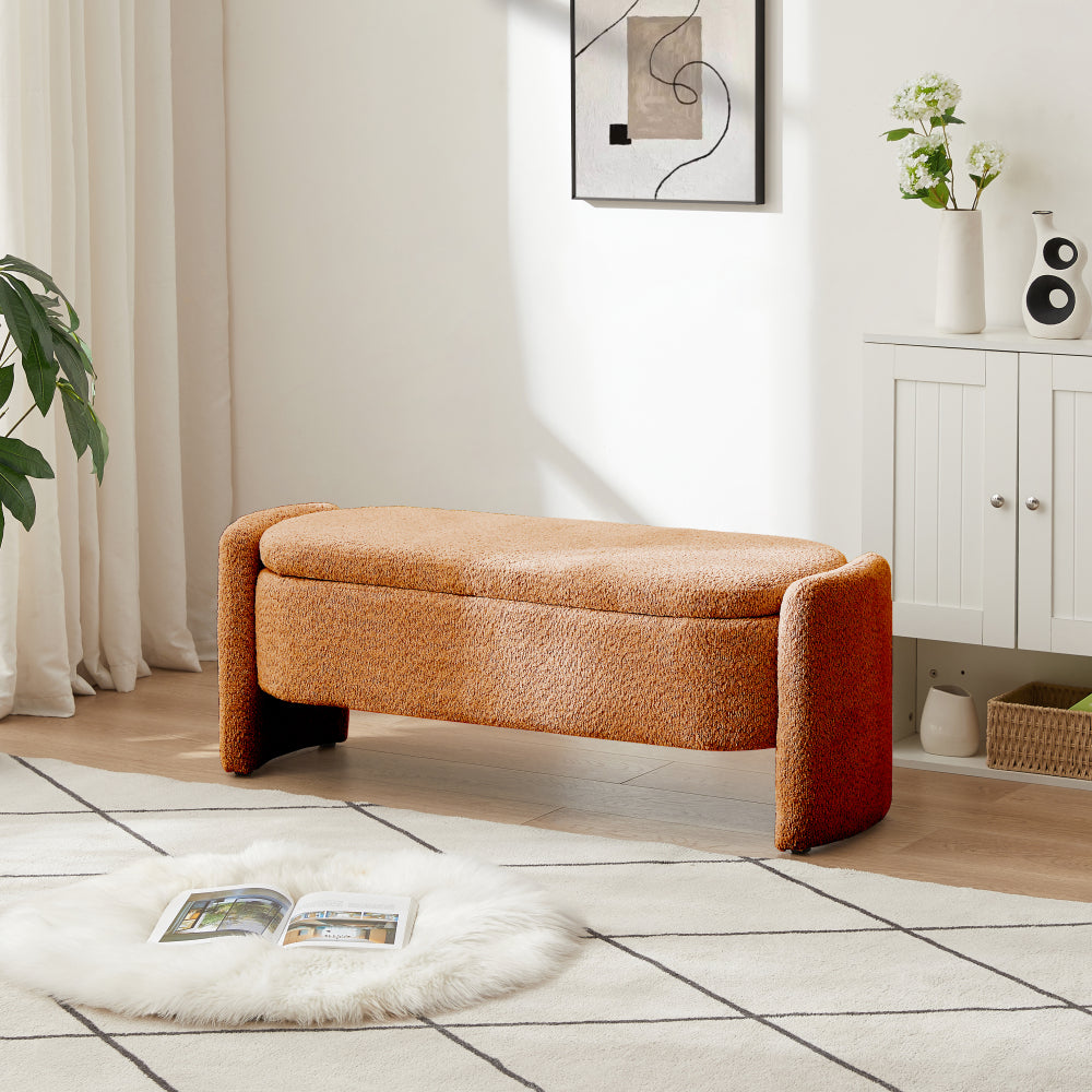 Ottoman Oval Storage Bench 3D Lamb Fleece Fabric Bench with Large Storage Space for the Living Room, Entryway and Bedroom,cream white